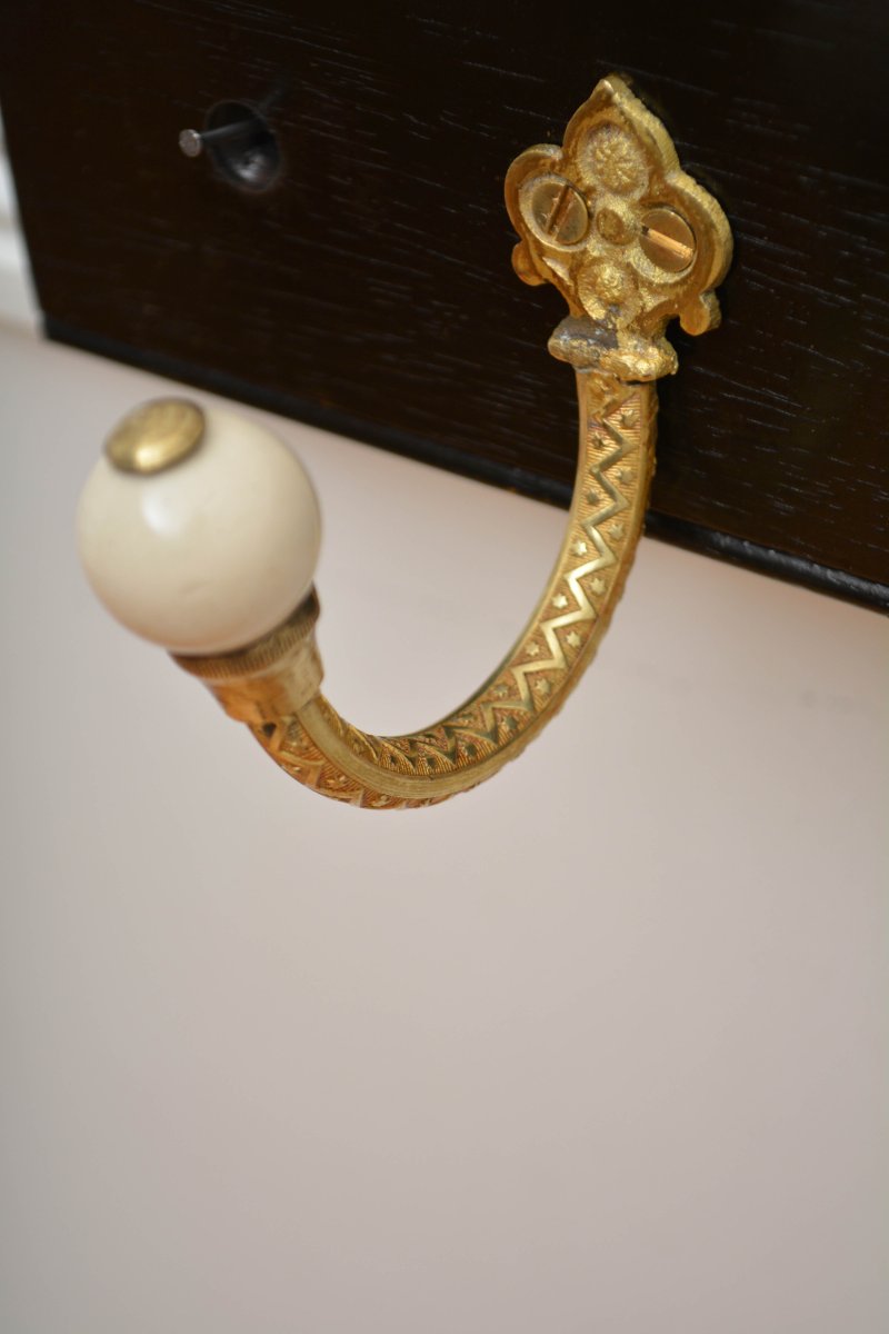 Pair Of Antique Victorian Ebonised Brass And Ceramic Coat Rack Coat Hooks - Image 5